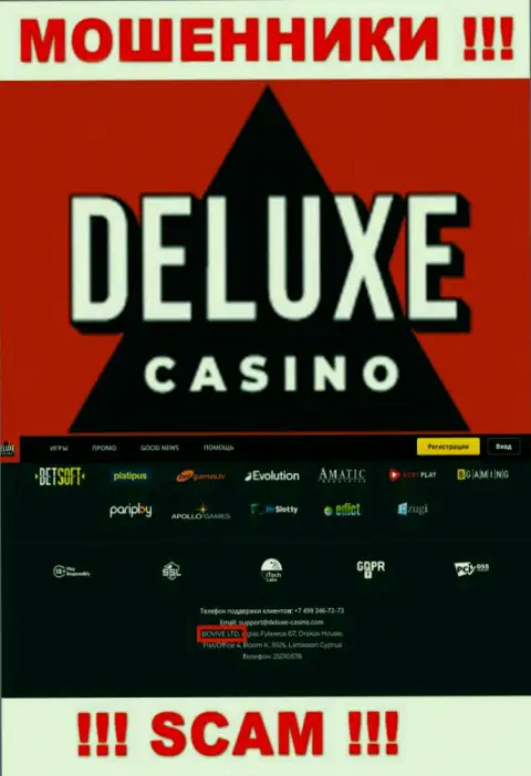 Сведения о юридическом лице Deluxe Casino у них на сайте имеются - это BOVIVE LTD
