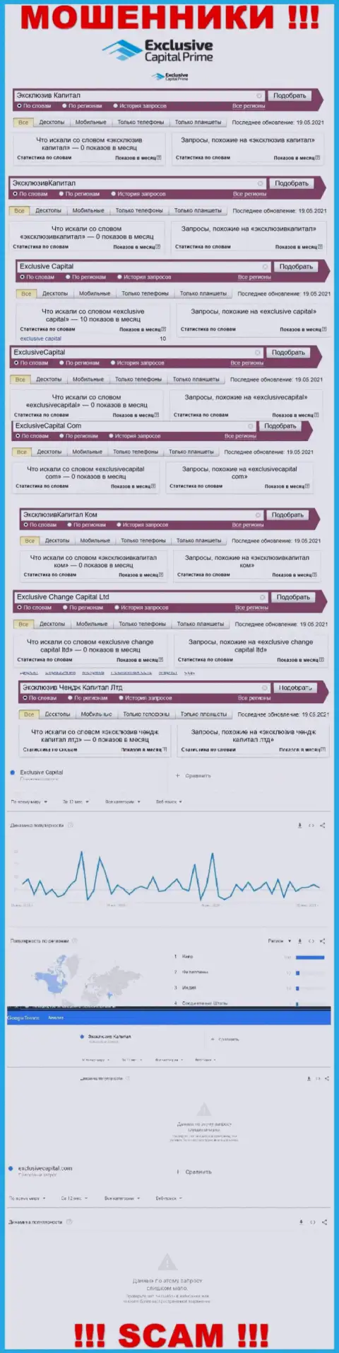 Число поисковых запросов по мошенникам Exclusive Capital в сети интернет