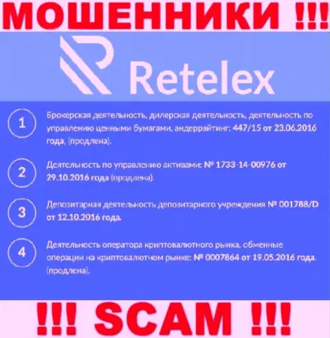 Retelex Com, задуривая голову людям, предоставили на своем веб-ресурсе номер их лицензии на осуществление деятельности