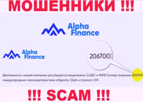 Номер лицензии Alpha-Finance, у них на веб-сервисе, не поможет сохранить Ваши вложенные денежные средства от прикарманивания