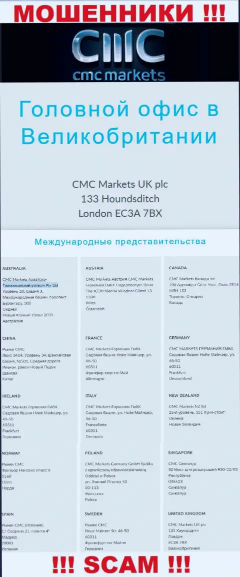 На сайте конторы CMC Markets размещен фиктивный адрес регистрации - МОШЕННИКИ !!!