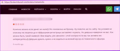 Отзыв клиента у которого украли абсолютно все денежные вложения интернет мошенники из компании MetaStocks