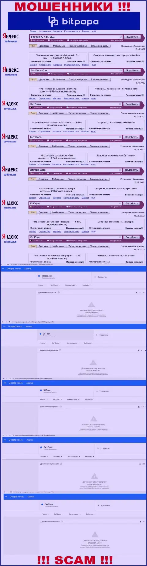 Суммарное число онлайн запросов в поисковиках глобальной сети по бренду мошенников BitPapa