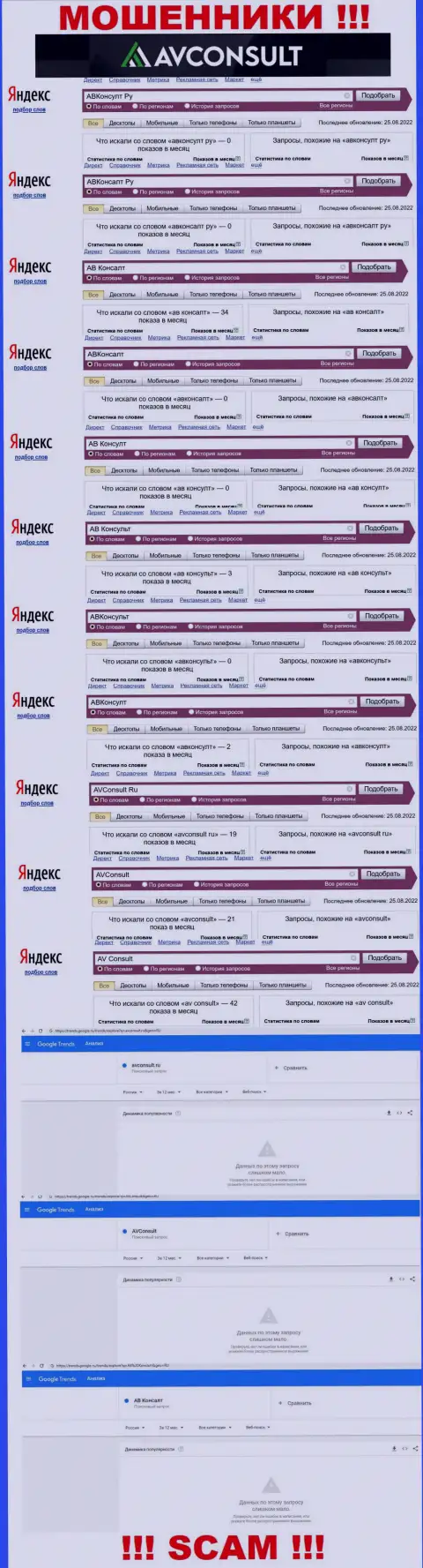 Сколько конкретно людей искали сведения об internet мошенниках AVConsult Ru, какая статистика поисковых запросов ?
