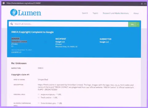 Жалоба на информационный портал Forex-Brokers.Pro, разместивший обзорный материал о обманщиках FreshCasino