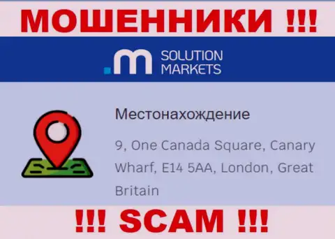 На онлайн-ресурсе Solution Markets нет реальной информации об официальном адресе регистрации компании - это РАЗВОДИЛЫ !