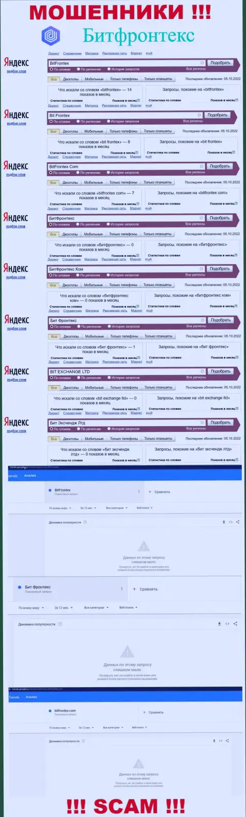 Количество онлайн-запросов по мошенникам BitFrontex