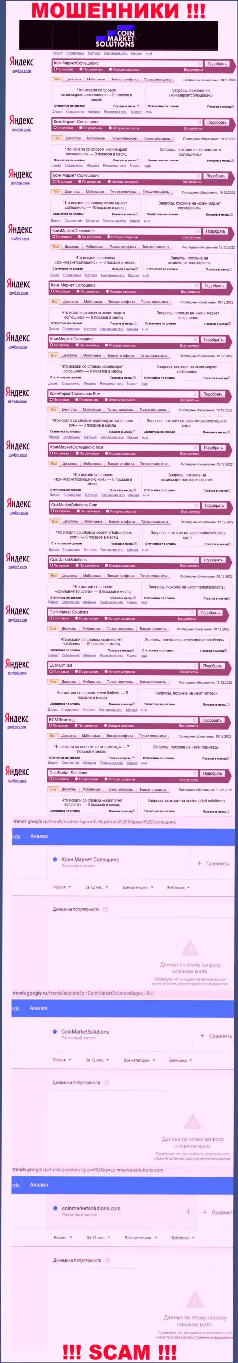 Число online-запросов во всемирной сети internet по бренду обманщиков КоинМаркетСолюшионс