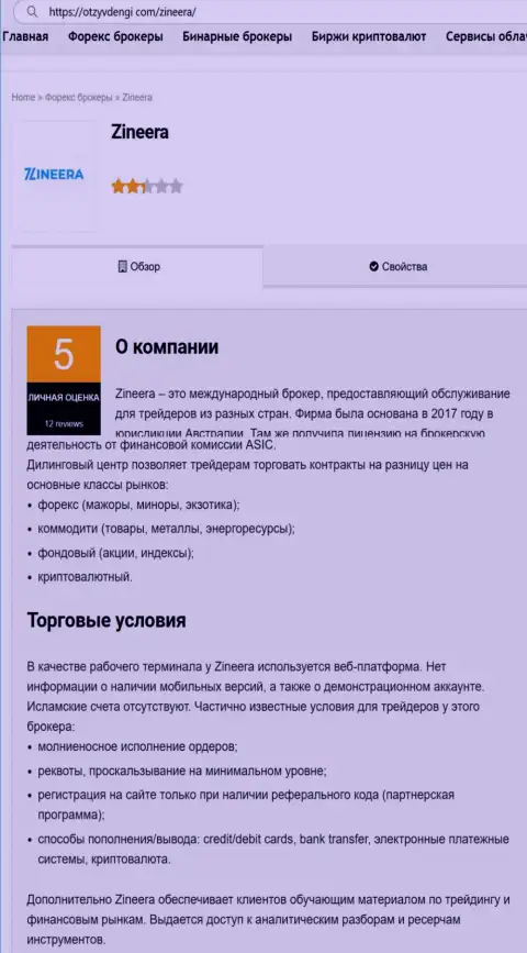 Обзор дилинговой компании Зинейра, предоставленный на сайте otzyvdengi com