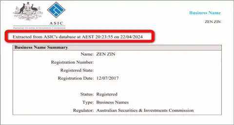 Документ, который доказывает присутствие регистрации у дилинговой организации Зиннейра Эксчендж